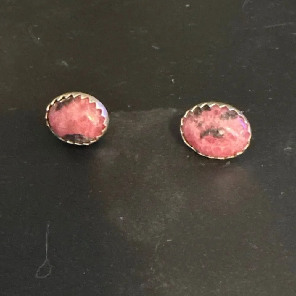 Pink Rhodochrosite and Black Onyx Stud Earrings, NEW, Handmade